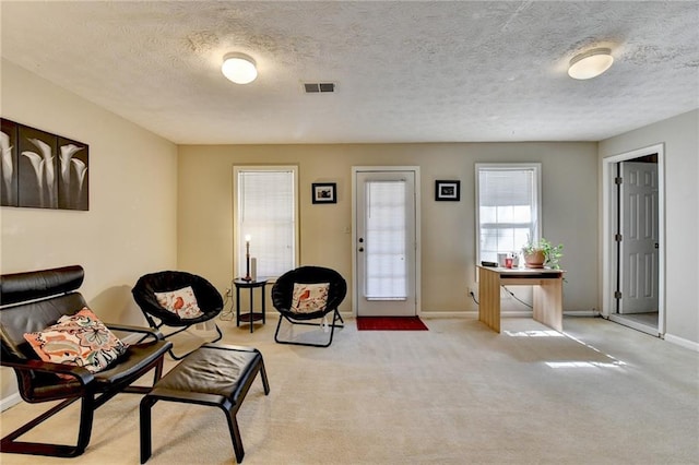 sitting room featuring carpet, visible vents, a textured ceiling, and baseboards