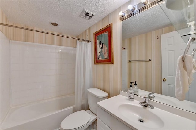 full bathroom featuring a textured ceiling, toilet, vanity, visible vents, and shower / bath combination with curtain