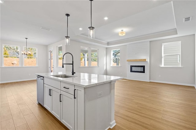 kitchen with stainless steel dishwasher, baseboards, visible vents, a sink, and a raised ceiling