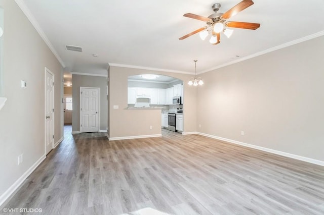 unfurnished living room with ceiling fan with notable chandelier, ornamental molding, and light hardwood / wood-style floors