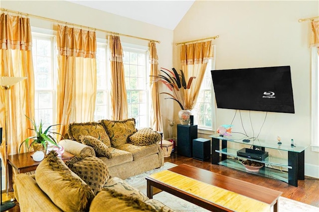 living area with wood finished floors and vaulted ceiling