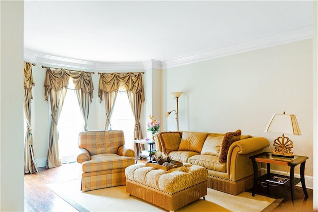 living room featuring crown molding, wood finished floors, and baseboards