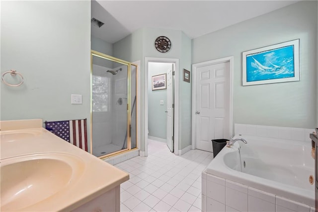 38 Olde Wick Trl, Hoschton, GA 30548 - bathroom featuring a bath, a shower stall, double vanity, and tile patterned floors