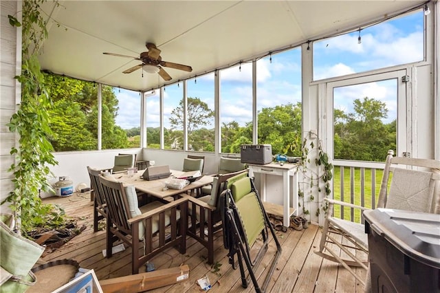 38 Olde Wick Trl, Hoschton, GA 30548 - sunroom featuring wood-type flooring, a ceiling fan, a wooden deck, and outdoor dining space