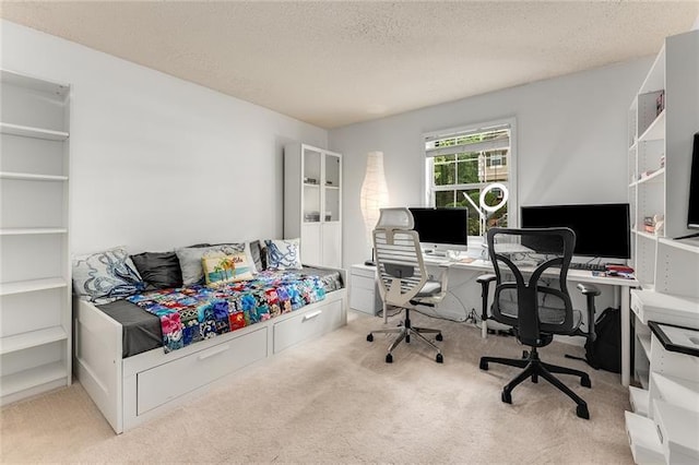 carpeted office space featuring a textured ceiling