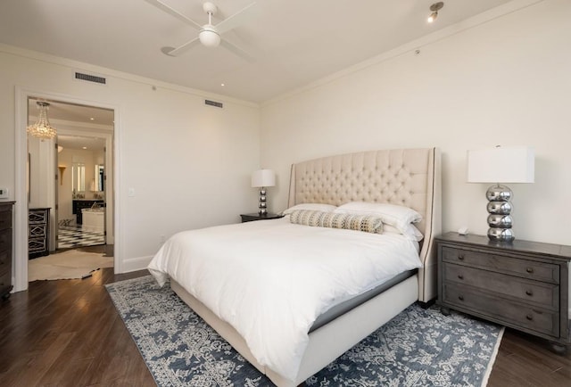bedroom with visible vents, ornamental molding, dark wood-style flooring, and ceiling fan