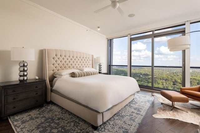 bedroom with expansive windows, a ceiling fan, and dark wood finished floors