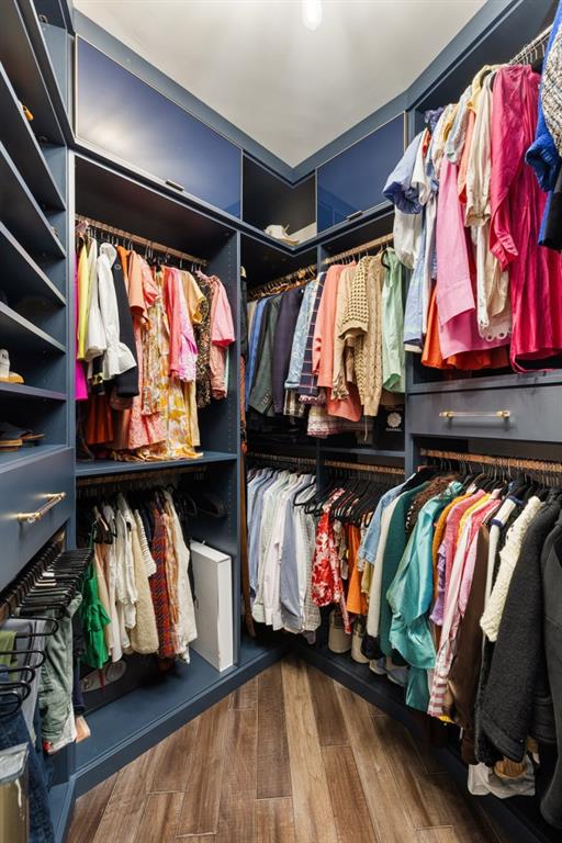 walk in closet with wood finished floors