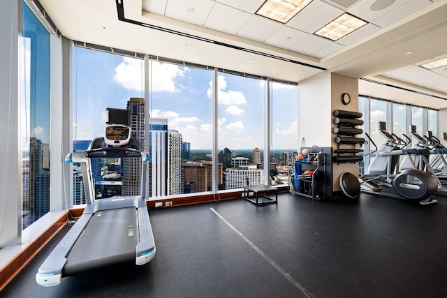 workout area featuring a city view, a raised ceiling, a healthy amount of sunlight, and a wall of windows