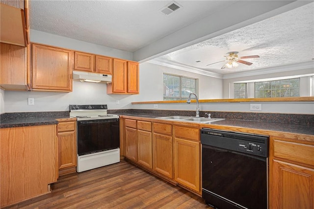 kitchen featuring crown molding, sink, white electric range, black dishwasher, and dark hardwood / wood-style floors