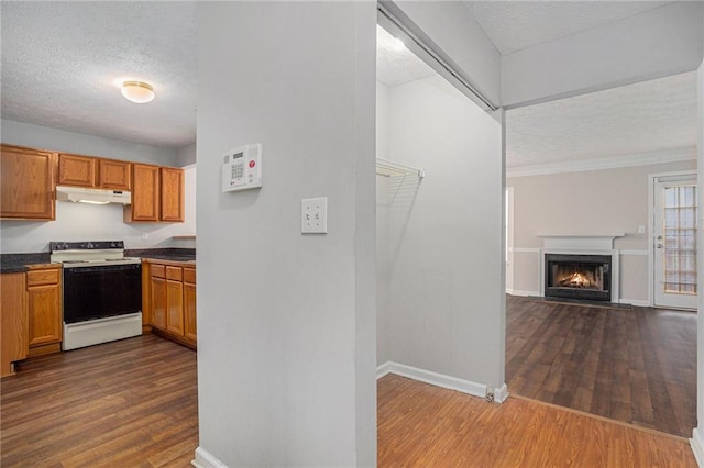 kitchen featuring a textured ceiling, electric range, crown molding, and dark hardwood / wood-style floors