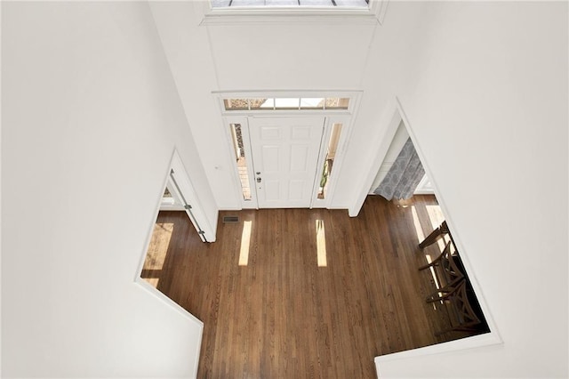 entryway featuring plenty of natural light, dark wood-type flooring, and a towering ceiling