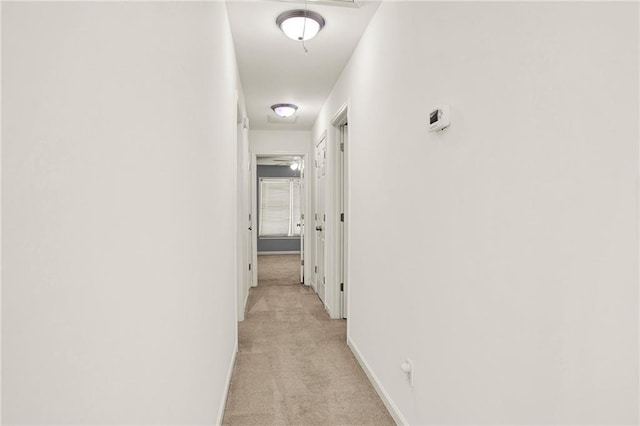 hall with light colored carpet