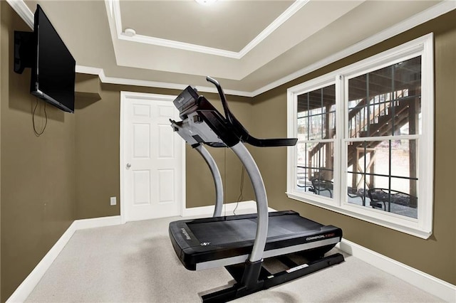 exercise room featuring carpet floors, crown molding, and a raised ceiling