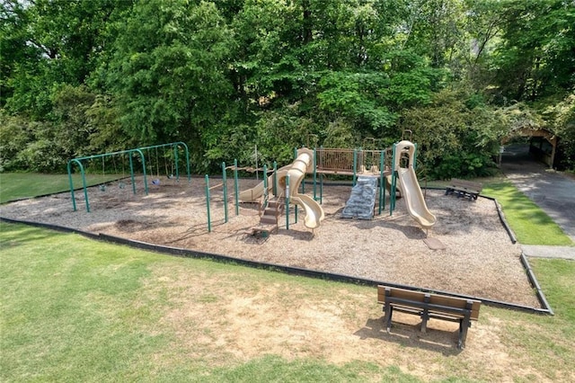 view of play area featuring a lawn