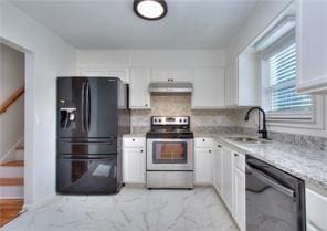 kitchen featuring under cabinet range hood, dishwasher, black refrigerator with ice dispenser, electric range, and a sink