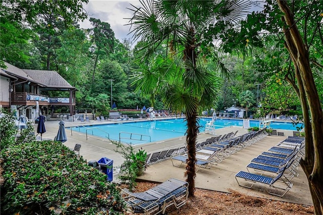 view of swimming pool with a patio