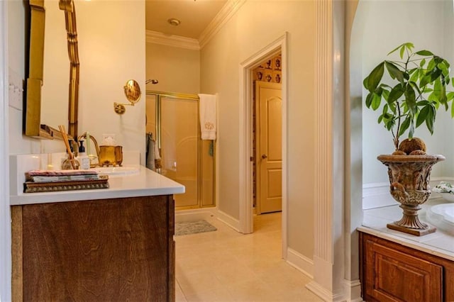 7174 Rockmart Rd, Silver Creek, GA 30173 - full bathroom with a stall shower, crown molding, tile patterned floors, and vanity