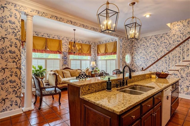 7174 Rockmart Rd, Silver Creek, GA 30173 - kitchen featuring white dishwasher, wallpapered walls, baseboards, a wealth of natural light, and a sink
