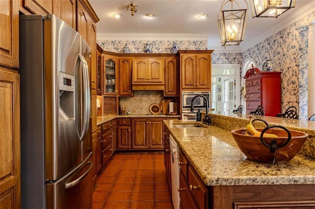 7174 Rockmart Rd, Silver Creek, GA 30173 - kitchen with a sink, brown cabinetry, ornamental molding, stainless steel refrigerator with ice dispenser, and wallpapered walls