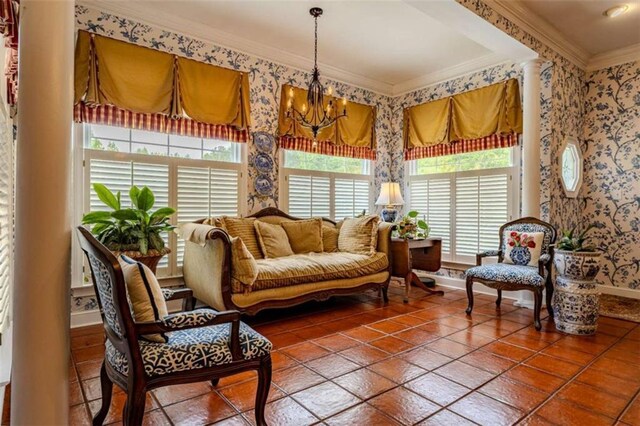 7174 Rockmart Rd, Silver Creek, GA 30173 - sitting room featuring wallpapered walls, baseboards, and ornamental molding