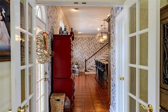 7174 Rockmart Rd, Silver Creek, GA 30173 - corridor featuring french doors and wallpapered walls