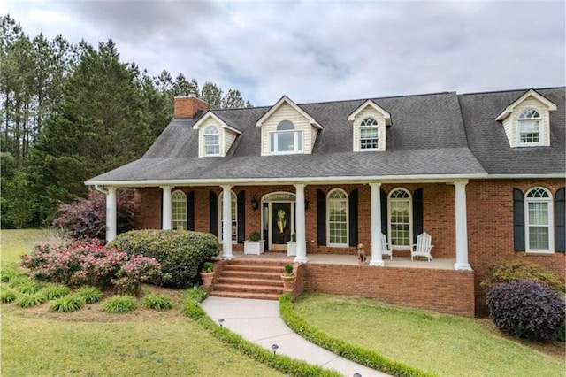 7174 Rockmart Rd, Silver Creek, GA 30173 - cape cod-style house featuring a front lawn, brick siding, a chimney, and a porch
