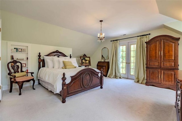 7174 Rockmart Rd, Silver Creek, GA 30173 - bedroom with french doors, vaulted ceiling, an inviting chandelier, light carpet, and access to outside