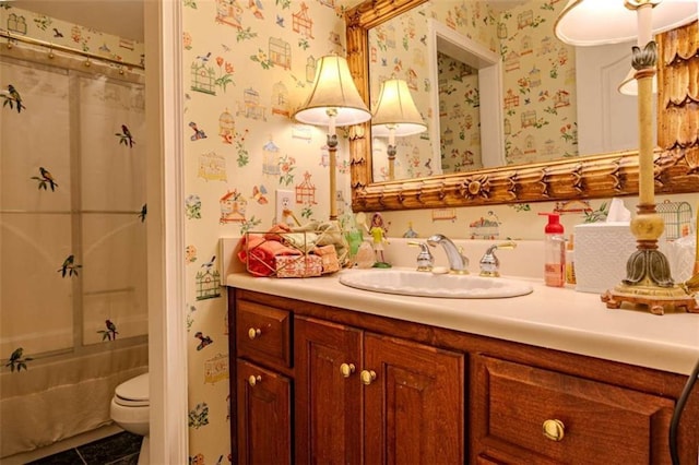 7174 Rockmart Rd, Silver Creek, GA 30173 - full bathroom featuring toilet, tile patterned floors, vanity, and wallpapered walls