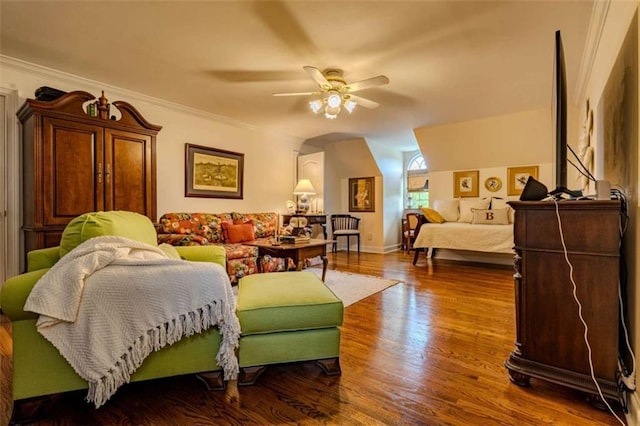 7174 Rockmart Rd, Silver Creek, GA 30173 - bedroom with crown molding, baseboards, a ceiling fan, and wood finished floors