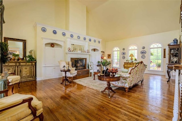 7174 Rockmart Rd, Silver Creek, GA 30173 - living area with a fireplace, baseboards, high vaulted ceiling, and wood finished floors