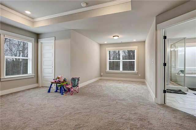 playroom featuring a tray ceiling, crown molding, and light carpet