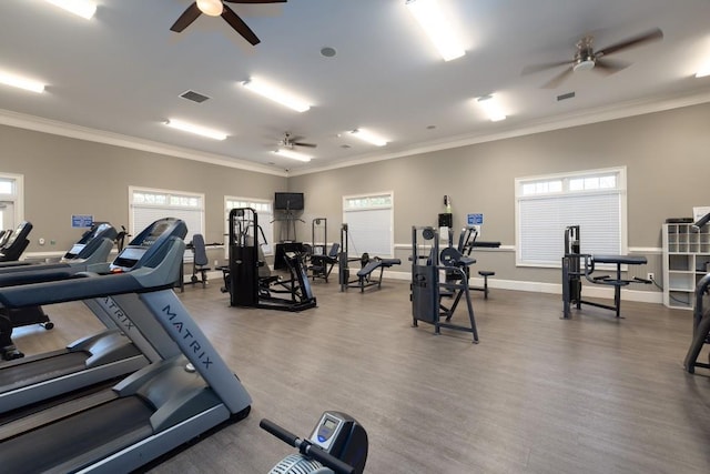 gym with ceiling fan, ornamental molding, and wood-type flooring