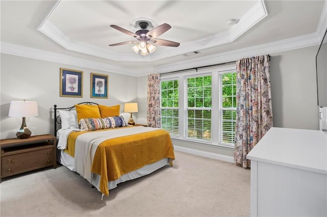 2343 Limehurst Dr NE, Atlanta, GA 30319 - bedroom featuring a tray ceiling, ornamental molding, light carpet, and ceiling fan