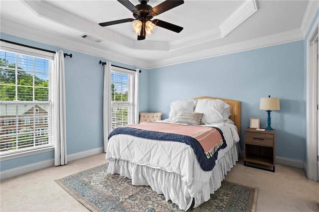 2343 Limehurst Dr NE, Atlanta, GA 30319 - bedroom featuring a raised ceiling, light carpet, ornamental molding, and ceiling fan