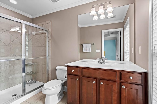 2343 Limehurst Dr NE, Atlanta, GA 30319 - bathroom featuring vanity, a stall shower, ornamental molding, and tile patterned floors