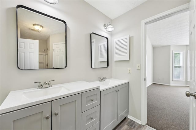 bathroom featuring baseboards, a sink, and double vanity