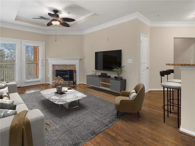 living room featuring a raised ceiling, wood finished floors, and a ceiling fan