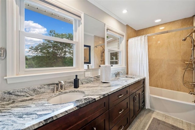 3415 Trickum Rd, Woodstock, GA 30188 - full bath featuring shower / bath combination with curtain, double vanity, wood finished floors, and recessed lighting