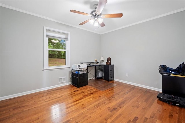3415 Trickum Rd, Woodstock, GA 30188 - office space featuring hardwood / wood-style flooring, ceiling fan, baseboards, and crown molding