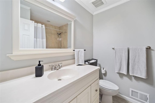 3415 Trickum Rd, Woodstock, GA 30188 - full bathroom featuring crown molding, toilet, vanity, and curtained shower