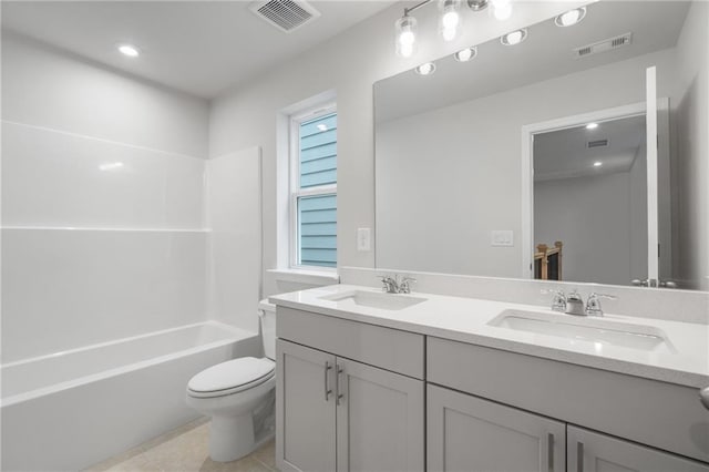 702 Smokey Quartz Way, Kennesaw, GA 30144 - bathroom with toilet, double vanity, tile patterned floors, and shower / washtub combination