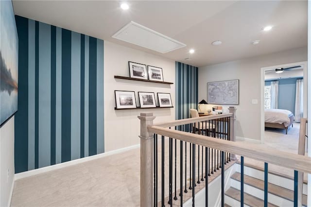 702 Smokey Quartz Way, Kennesaw, GA 30144 - hallway with attic access, an upstairs landing, carpet floors, recessed lighting, and baseboards