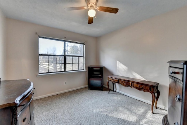 office space featuring ceiling fan, carpet flooring, and baseboards