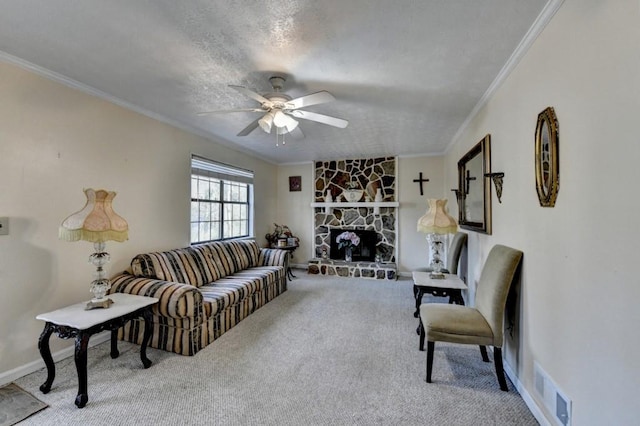 living room with a fireplace, visible vents, crown molding, and carpet flooring