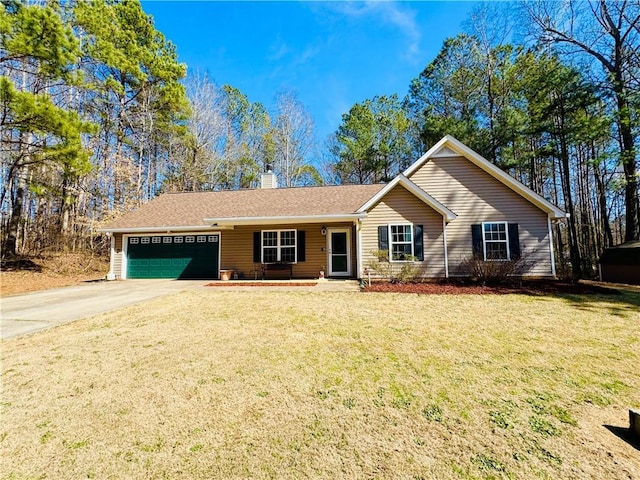 single story home featuring a garage, covered porch, driveway, a chimney, and a front yard