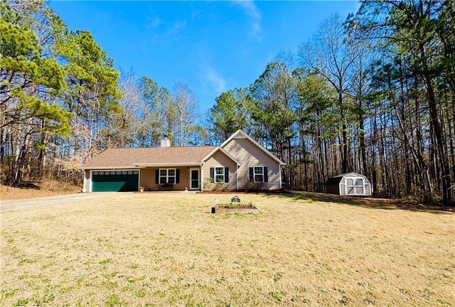 ranch-style house with a front lawn, a garage, driveway, a shed, and a chimney