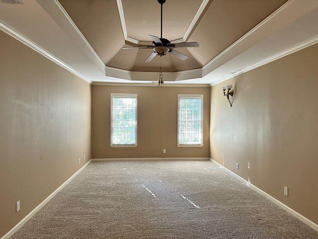 carpeted spare room featuring a tray ceiling, ceiling fan, and crown molding