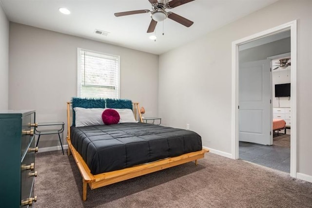 carpeted bedroom featuring ceiling fan