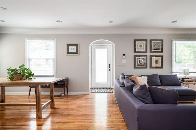 living room with crown molding and hardwood / wood-style flooring